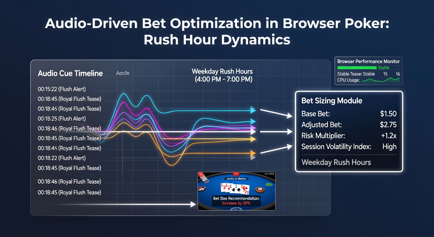 Browser interface showing video poker game with audio waveform overlays during peak traffic periods