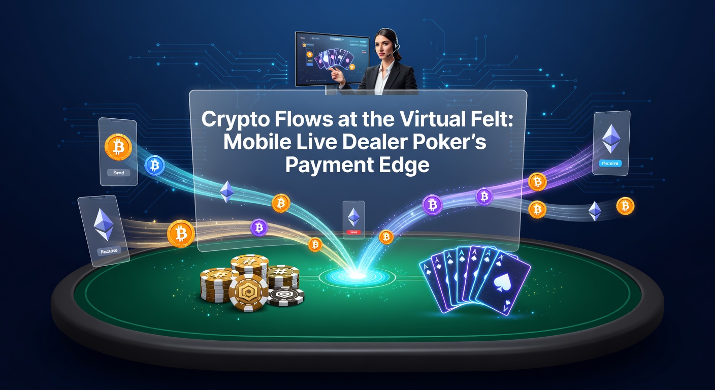 A vibrant mobile screen displaying a live dealer poker table with cryptocurrency icons flowing seamlessly in the background, highlighting instant payment integrations.
