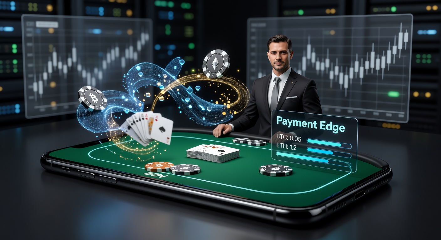 Close-up of a smartphone interface showing a live poker hand in progress alongside a crypto wallet transaction confirming a deposit in real-time, with blockchain nodes visualized in the backdrop.