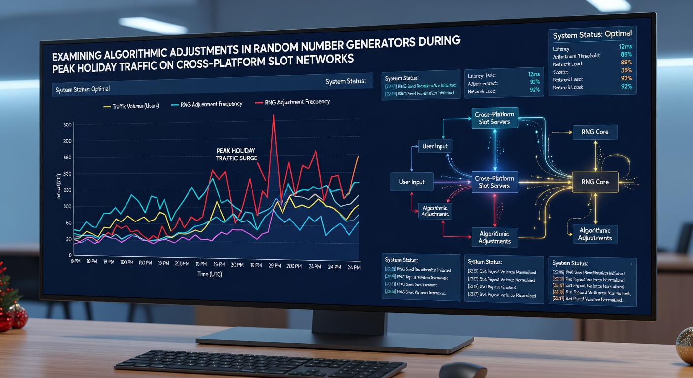 Server infrastructure handling cross-platform slot traffic with RNG monitoring displays