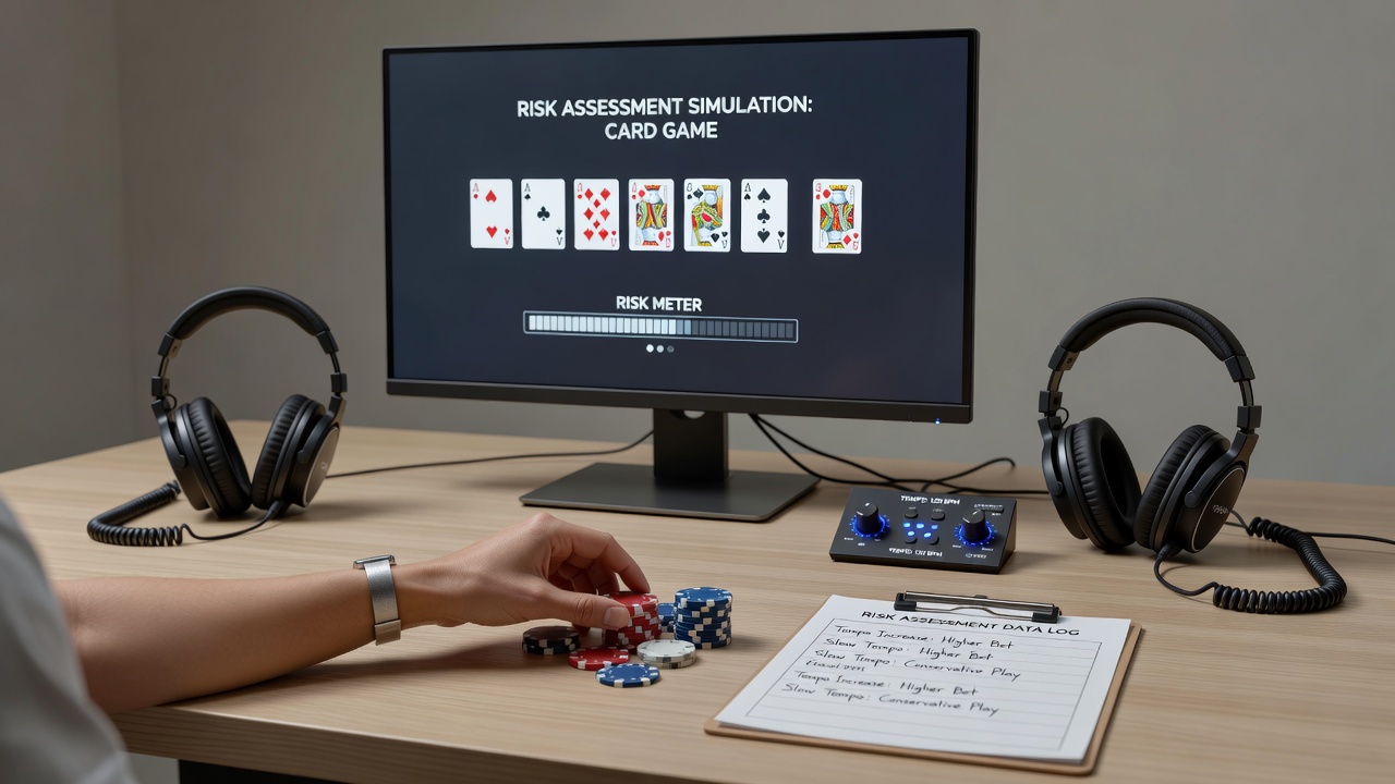 Close-up view of desktop monitor showing card game simulation alongside audio waveform display indicating tempo adjustments
