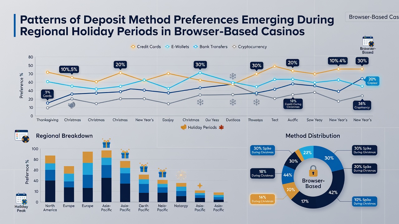 Analytics dashboard displaying deposit method trends across different regions during holiday periods in browser casino interfaces