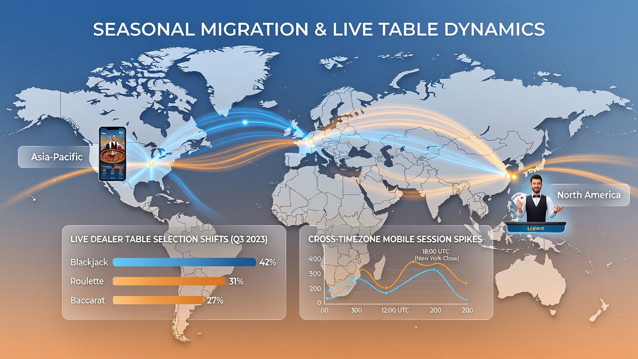 Analytics dashboard screenshot showing seasonal shifts in live dealer table selections across different time zones on mobile devices