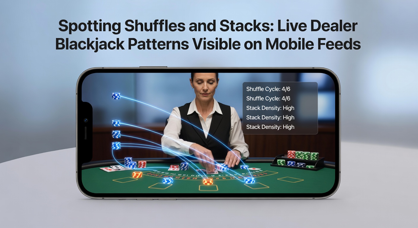 Close-up of card stacks emerging from an automatic shuffler in a live dealer blackjack stream, showing potential clumping patterns on a mobile-optimized feed