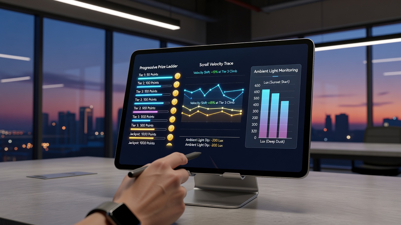 Tablet screen displaying progressive prize ladder on reel system during dusk lighting conditions