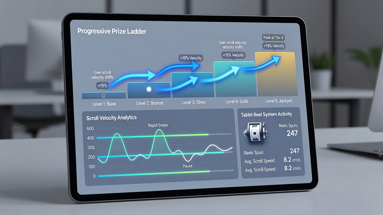 Close-up view of tablet interface showing scroll gestures on progressive reel ladders under dimming light